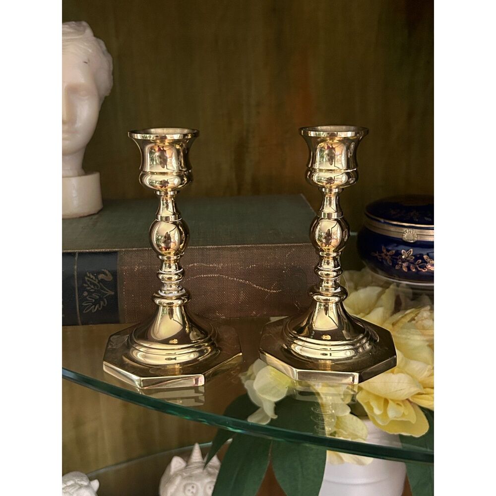 Pair Vintage Brass Candlestick Holders – 5″ Mid-Century Taper Stands